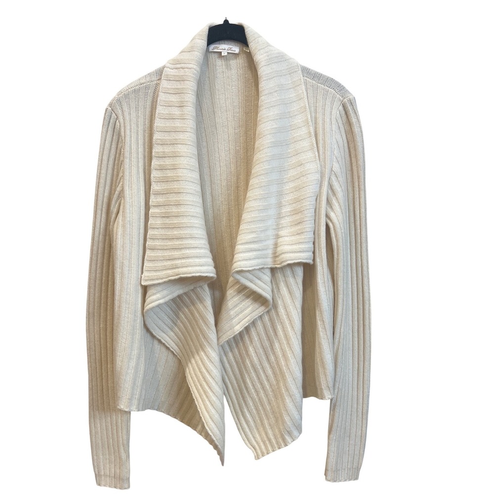 Minnie‎ Rose Cream Ribbed Cashmere Cotton Blend Drape Front Cardigan Sweater S